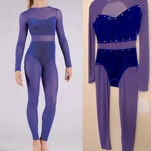 Weissman Elite dance costume blue purple mesh velvet unitard V11775 MA